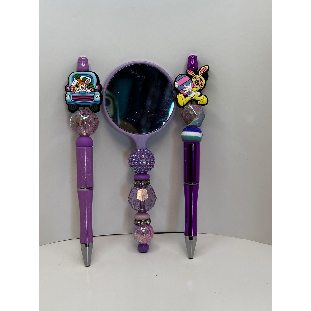 Easter Bunny Beaded Pen and Mirror Set Purple Holiday Stationery 3 Piece Gift